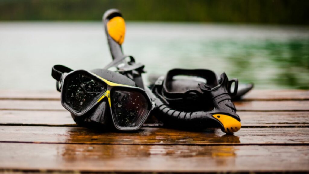 Diving mask and snorkel on dock