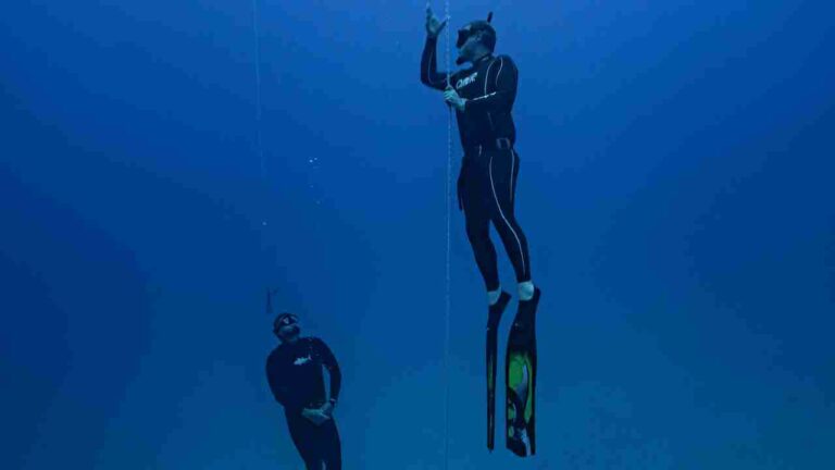 two people freediving in cold water